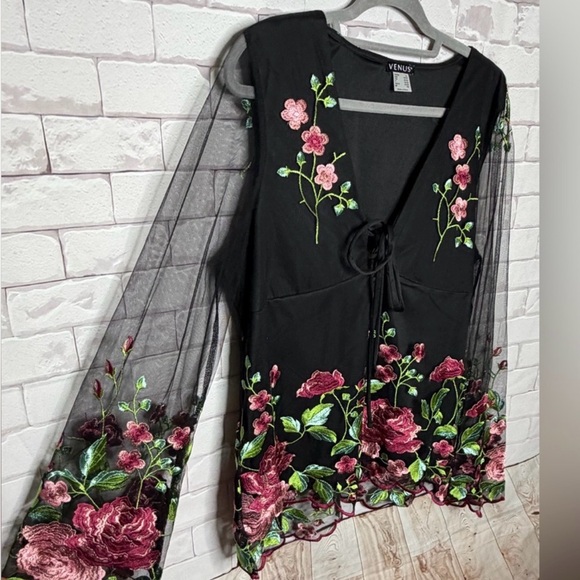 VENUS Black Sheer Blouse with Pink and Green Floral Embroidery - Picture 3 of 13
